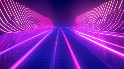 Poster - 3D render of a vibrant neon background with panoramic purple, violet, and pink lines glowing intensely in ultraviolet light