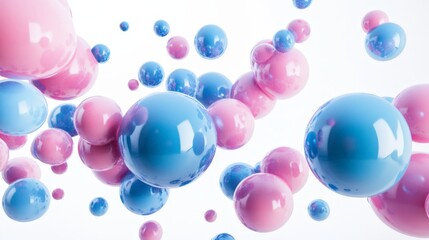 Poster - 3D render of abstract flying shapes, with realistic metallic blue and pink spheres, torus, tubes, and cones, set against a white backdrop