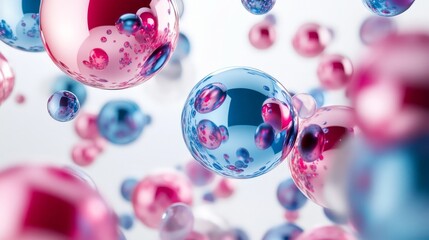 Poster - 3D render of abstract flying shapes, with realistic metallic blue and pink spheres, torus, tubes, and cones, set against a white backdrop