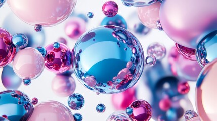 Poster - 3D render of abstract flying shapes, with realistic metallic blue and pink spheres, torus, tubes, and cones, set against a white backdrop