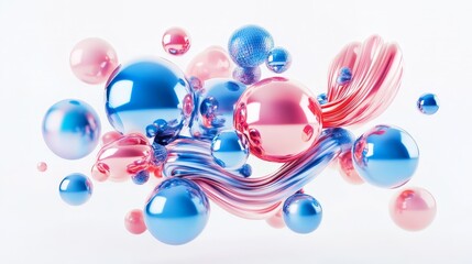 Poster - 3D render of abstract primitives in motion, featuring realistic metallic blue and pink spheres, torus, tubes, and cones, isolated on white