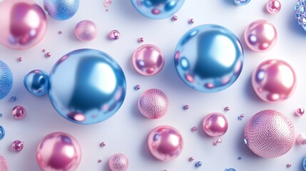Poster - 3D render of abstract primitives in motion, featuring metallic blue and pink spheres, torus, tubes, and cones isolated on a clean white surface