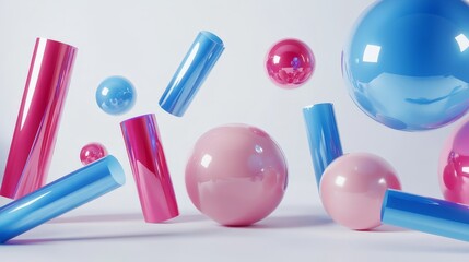 Poster - 3D render of abstract primitives in motion, featuring metallic blue and pink spheres, torus, tubes, and cones isolated on a clean white surface