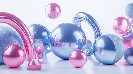 Poster - 3D render of abstract primitives in motion, featuring metallic blue and pink spheres, torus, tubes, and cones isolated on a clean white surface