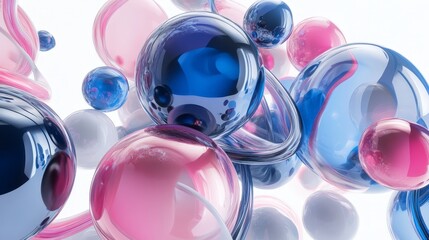 Aufkleber - 3D render of abstract shapes in motion, including metallic blue and pink spheres, torus, tubes, and cones, set against a clean white backdrop