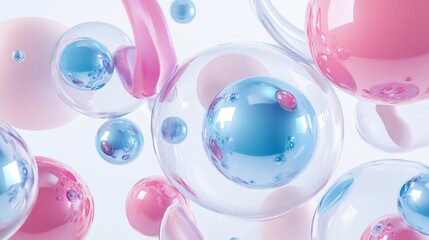 Aufkleber - 3D render of abstract shapes in motion, including metallic blue and pink spheres, torus, tubes, and cones, set against a clean white backdrop
