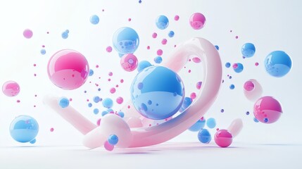 Aufkleber - 3D render of abstract shapes in motion, including metallic blue and pink spheres, torus, tubes, and cones, set against a clean white backdrop