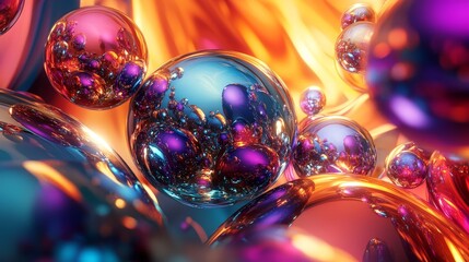 Poster - 3D render of abstract spheres in a dynamic arrangement, showcasing a blend of metallic and glossy textures with vibrant colors