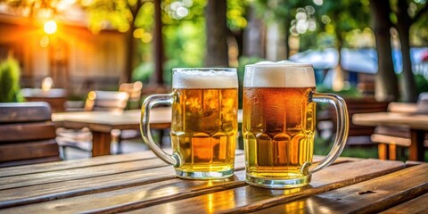 Close-up of two beer mugs on a wooden table at an outdoor restaurant, Beer, mugs, wooden table, outdoor, restaurant, beverage