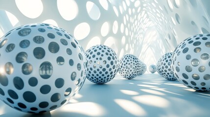 Poster - 3D render of abstract spheres with geometric patterns, creating a visually engaging scene with contrasting light and shadow effects