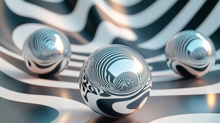 Poster - 3D render of abstract spheres with geometric patterns, creating a visually engaging scene with contrasting light and shadow effects