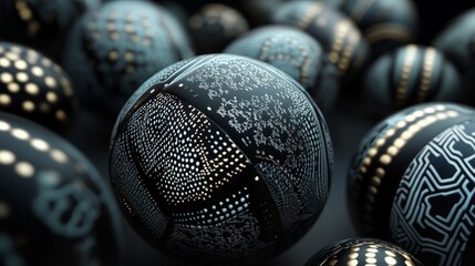 Poster - 3D render of abstract spheres with intricate patterns and textures, set against a dark, gradient background for a high-contrast effect