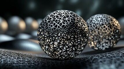 Poster - 3D render of abstract spheres with intricate patterns and textures, set against a dark, gradient background for a high-contrast effect