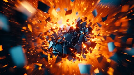 Poster - 3D render of an abstract geometric background with an explosion power theme, emphasizing a surface being crushed under intense force
