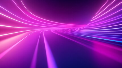 Poster - 3D render of an abstract panoramic scene with neon lines in purple, violet, and pink glowing brightly in ultraviolet illumination