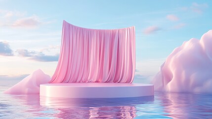 Wall Mural - 3D render of an abstract platform podium on water with waving curtains, featuring a realistic pastel mock-up for product promotion, and an empty podium