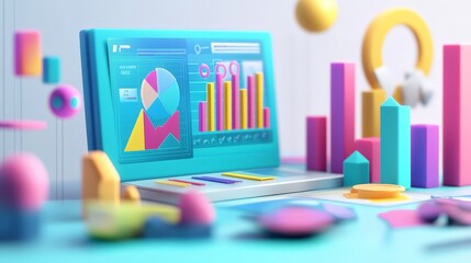 Poster - 3D render of an SEO optimization scene, including web analytics graphs, SEO tools, and marketing strategies, depicting a data-centric approach to online success