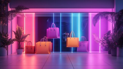 3D Neon Online shopping and free delivery service concept, neon light background. 3d render illustration. 