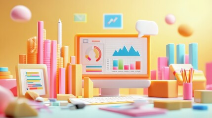 Poster - 3D render of an SEO optimization scene, including web analytics graphs, SEO tools, and marketing strategies, depicting a data-centric approach to online success