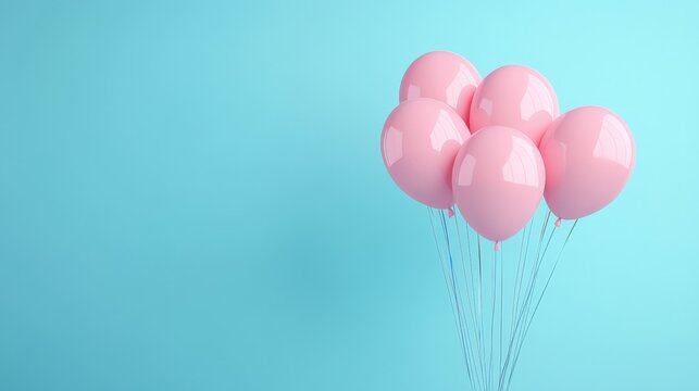 3D render of pink balloons against a pastel blue backdrop, showcasing a bright and whimsical scene with soft colors