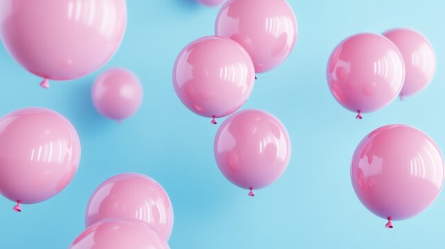 3D render of pink balloons floating on a soft pastel blue background, creating a cheerful and vibrant scene