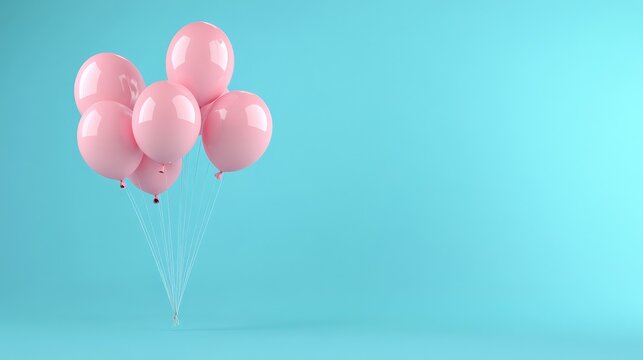 3D render of pink balloons floating on a soft pastel blue background, creating a cheerful and vibrant scene