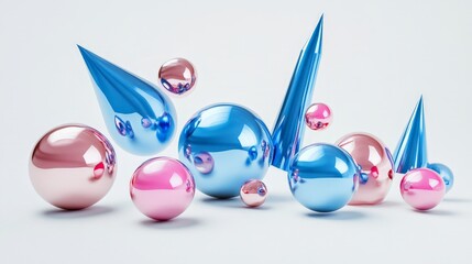 Fototapete - 3D render of realistic flying shapes, including spheres, torus, tubes, and cones in metallic blue and pink colors, against a clean white background