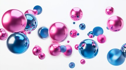 Fototapete - 3D render of realistic flying shapes, including spheres, torus, tubes, and cones in metallic blue and pink colors, against a clean white background