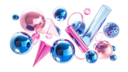 Poster - 3D render of realistic primitives in motion, featuring flying spheres, torus, tubes, and cones in metallic blue and pink colors, isolated on a white background
