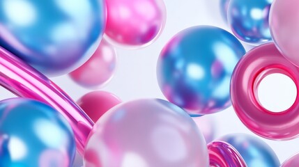 Leinwandbilder - 3D render of realistic flying shapes, including spheres, torus, tubes, and cones in metallic blue and pink colors, against a clean white background