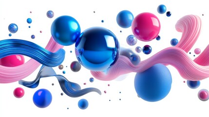 Poster - 3D render of realistic primitives in motion, featuring flying spheres, torus, tubes, and cones in metallic blue and pink colors, isolated on a white background