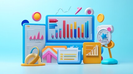 Poster - 3D render of SEO marketing scene with detailed web analytics dashboards, optimization tools, and performance metrics,