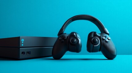 Aufkleber - 3D render showcasing a black gamepad, headphones, and game console on a vibrant blue background.
