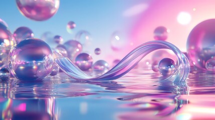 Wall Mural - 3D render showcasing a glass ribbon on water surrounded by geometric circles and spheres. Iridescent holographic shapes in motion offer a glossy digital art backdrop