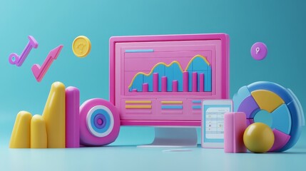 Fototapete - 3d render showcasing seo optimization and web analytics, with data metrics, growth indicators, and m