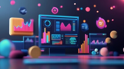Fototapete - 3d render showcasing seo optimization and web analytics, with data metrics, growth indicators, and m