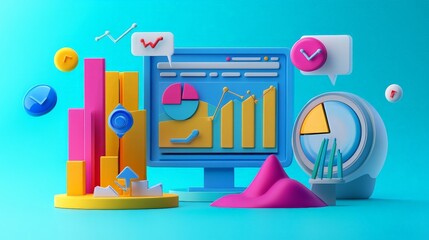 Fototapete - 3d render showcasing seo optimization and web analytics, with data metrics, growth indicators, and m