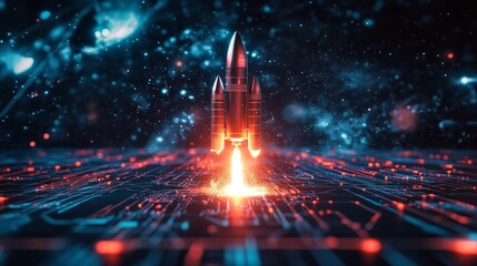Poster - 3D render showcasing the technology development process and space rocket launch, symbolizing the exciting introduction of a new product or service