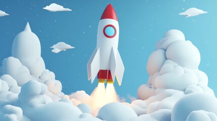 Wall Mural - 3D render showcasing the technology development process and space rocket launch, symbolizing the exciting introduction of a new product or service