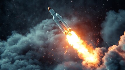 Poster - 3D visualization of a space rocket launch, with focus on the fiery exhaust, dramatic smoke effects, and rocket ascent