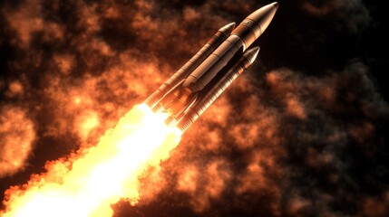 Poster - 3D visualization of a space rocket launch, with focus on the fiery exhaust, dramatic smoke effects, and rocket ascent