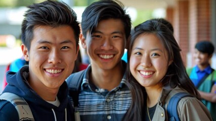 Poster - Three students with friendly smiles stand together outside a school, enjoying a sunny day. Their joy is evident as they capture a moment of friendship among peers.