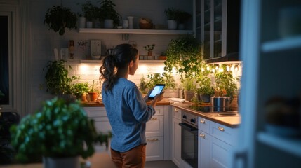 Aufkleber - family using smart home devices in modern kitchen, mother controls lights via phone