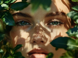 Wall Mural - Close-up Portrait of a Woman with Green Eyes and Freckles in Nature