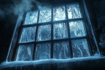 frozen windowpane in blue hues - winter night, mysterious, cold, dark, fog, icy, landscape