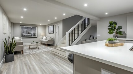Poster - A beautifully renovated basement, complete with a sleek white countertop and a fashionable staircase, offers a warm and welcoming space for relaxation