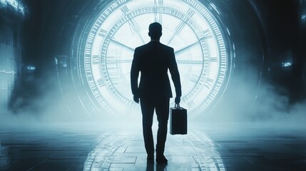 A silhouette of a man in a suit holding a briefcase, standing before a large clock face.