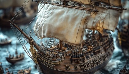 Close-up of a wooden model ship with white sails.