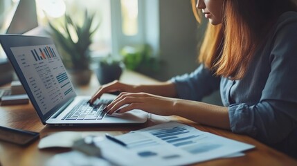 Poster - a businesswoman focused on reviewing an invoice on her laptop. office background with financial char