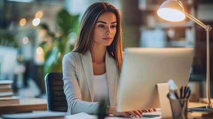 Aufkleber - a businesswoman focused on her computer screen in a modern office. professional attire, clean desk, 